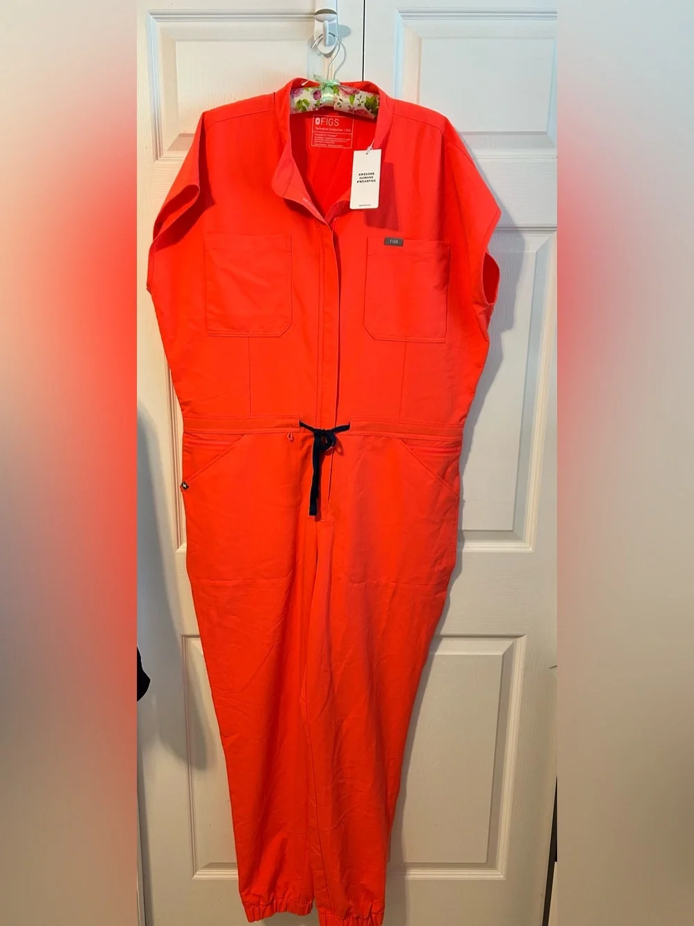 FIGS Rafaela Cargo Scrub Jumpsuit in Vibrant Coral-Red - Picture 2 of 5